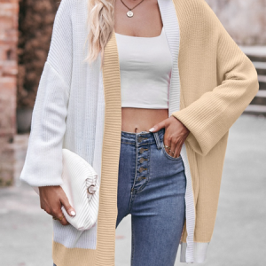 Women Color Block Long Sleeve Comfy Casual Cardigan, Cardigans, color:Apricot|size:XL, Noracora