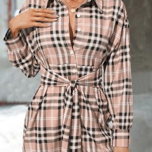 Women Plaid Shirt Collar Long Sleeve Comfy Casual Short Dress, Short, color:Khaki|size:XXL, Noracora