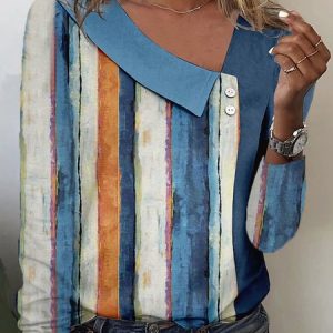 Casual Asymmetrical Loose Striped T-Shirt, T-Shirts, color:Blue|size:XXL, JustFashionNow