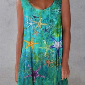 JFN Crew Neck Designer oil painting starfish print dress, Casual Dresses, color:Blue|size:XXL, JustFashionNow