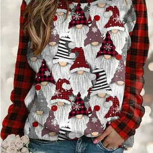 Women Casual Santa Claus Raglan Sleeve Plaid Crew Neck Sweatshirt, Sweatshirts & Hoodies, color:Red|size:XXL, JustFashionNow