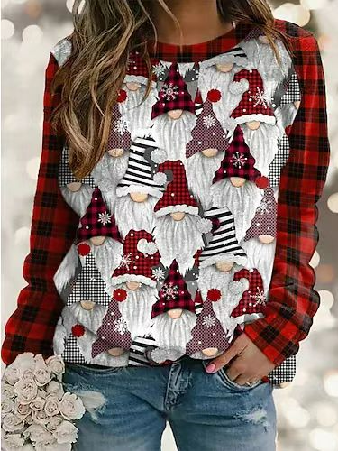 Women Casual Santa Claus Raglan Sleeve Plaid Crew Neck Sweatshirt, Sweatshirts & Hoodies, color:Red|size:XXL, JustFashionNow