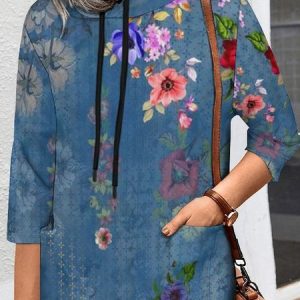 Casual Hoodie Floral Hoodie Pocket Stitching, Hoodies & Sweatshirts, color:Blue|size:5XL, Noracora