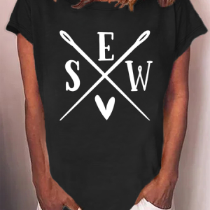 Women’s Sewing Lover Crew Neck Casual Cotton T-Shirt, color:Black|size:3XL, Lilicloth.com