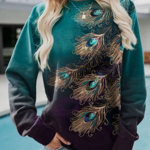 Casual Crew Neck Feather Sweatshirt, color:Green|size:XXL, Lilicloth.com