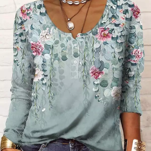 Leaf Cotton-Blend Loose Top, Long sleeves, Lilicloth.com