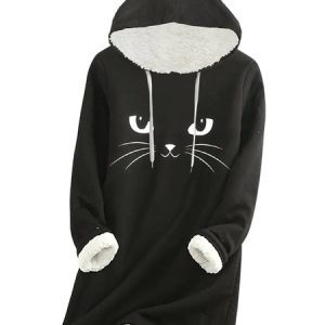 Cute Cat Fleece Warm Hooded Sweater, Sweatshirts & Hoodies, color:Black|size:XXL, JustFashionNow