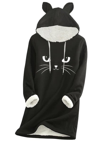 Cute Cat Fleece Warm Hooded Sweater, Sweatshirts & Hoodies, color:Black|size:XXL, JustFashionNow