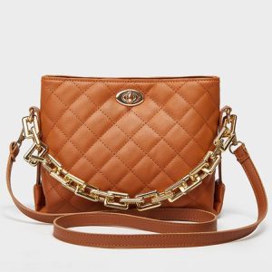 Elegant Embossed Leather Chain Handbag Messenger Bag Urban Ladies, Bags, color:Brown|size:One-size, Stylewe