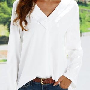 Solid Color V-neck Long-sleeved Blouse, Shirts & Blouses, color:Light Blue|size:XXL, JustFashionNow
