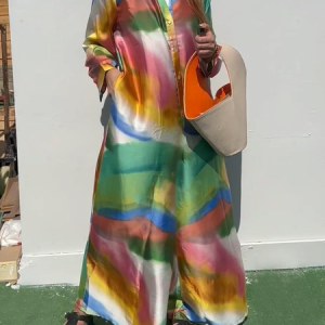 Loose Shirt Collar Long Sleeve Urban Abstract Maxi Dress, Maxi Dresses, color:As Picture|size:XXL, Stylewe