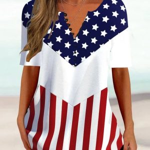 Casual V Neck America Flag Shirt, Shirts & Blouses, color:Red|size:XXL, JustFashionNow