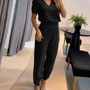 Summer Plain Loose Casual V Neck Two-Piece Set, Suit Set, color:Black|size:XXL, JustFashionNow