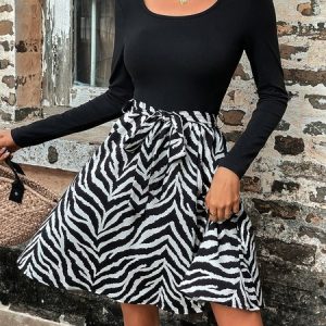 Women Zebra Crew Neck Long Sleeve Comfy Casual Short Dress, Short, color:Black|size:XXL, Noracora