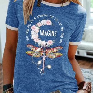 Women's Image Dragonfly Print Casual Crew Neck T-Shirt, T-shirts, Lilicloth.com