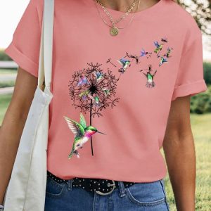 Women's Bird Hummingbird Dandelion Flowers Casual T-Shirt, T-shirts, Lilicloth.com
