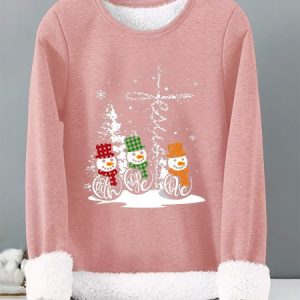 Women Loose Christmas Snowman Casual Crew Neck Thicken Sweatshirt, Sweatshirts & Hoodies, color:Pink|size:XXL, JustFashionNow