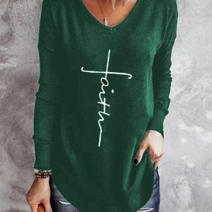 Faith Letter Printed Long Sleeve V Neck Casual Top, Shirts & Blouses, color:Green|size:3XL, JustFashionNow