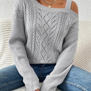 Regular Fit Casual Plain Cold Shoulder Sweater, Sweaters, color:Gray|size:XXL, JustFashionNow