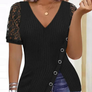 Grommets V Neck Simple Shirt, Shirts & Blouses, color:Black|size:XXL, JustFashionNow
