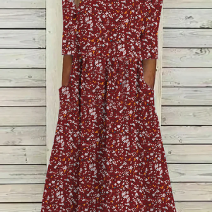 Vacation Loose Floral Crew Neck Dress, Dresses, color:Red|size:XXL, JustFashionNow