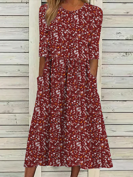 Vacation Loose Floral Crew Neck Dress, Dresses, color:Red|size:XXL, JustFashionNow