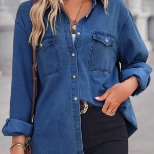 Loose Casual Shirt Collar Denim Blouse, Shirts, color:Dark Blue|size:L, Noracora