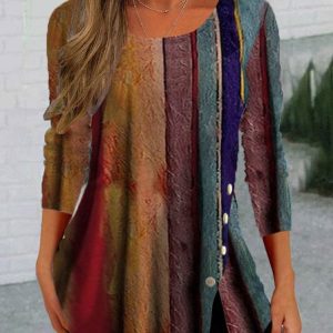 JFN Women Casual Crew Neck Striped Multicolor Gradient T-shirt, T-Shirts, color:Multicolor|size:XXL, JustFashionNow