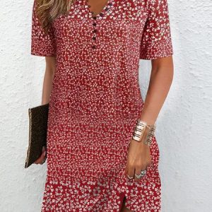 Floral Loose Shirt Collar Casual Dress, Short, color:Red|size:XXL, catalog Noracora shop