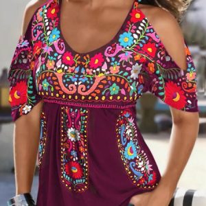 Boho Cotton Blends Loosen Hollow Out Short Sleeve T-shirt, Shirts & Blouses, color:flower|size:XXL, JustFashionNow