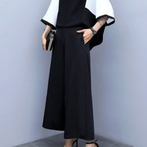 Women Plain Crew Neck Half Sleeve Comfy Casual Top With Pants Two-Piece Set, Sets, color:Black-white|size:5XL, Noracora