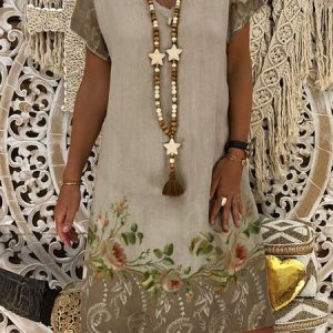 JFN V Neck Floral Vacation Mini Dress, Casual Dresses, color:Beige|size:XXL, JustFashionNow