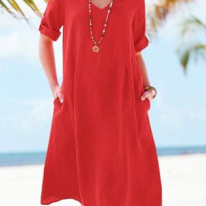 Plain Cotton Casual V Neck Dress, Midi, color:Orange Red|size:XXL, Noracora