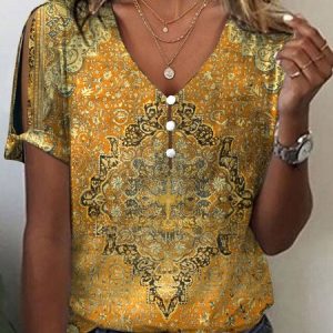 Ethnic Buckle Loose V Neck T-Shirt, JustFashionNow T-Shirts, color:Yellow|size:XXL,