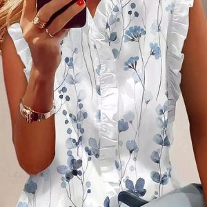 V Neck Casual Loose Floral Shirt, Shirts & Blouses, color:White|size:XXL, JustFashionNow