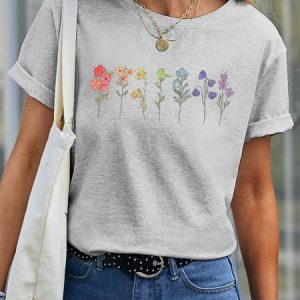 Women's Plant Flower Rainbow Lovelgbtq Pride Month Rainbow Funny Graphic Printing Cotton Casual Crew Neck Loose T-Shirt, color:Light Gray|size:3XL, Lilicloth.com