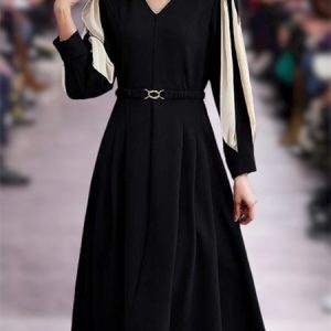 Women Plain V Neck Long Sleeve Comfy Casual Split Joint Midi Dress, Midi, color:Black|size:4XL, Noracora