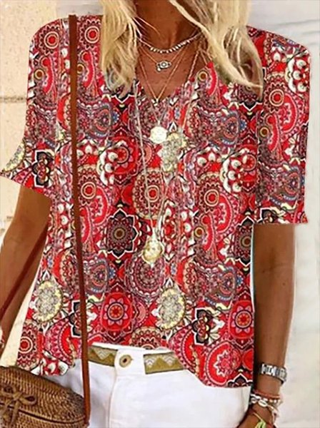 Plus Size Boho Short Sleeve Top, Shirts & Blouses, color:Red|size:4X, JustFashionNow