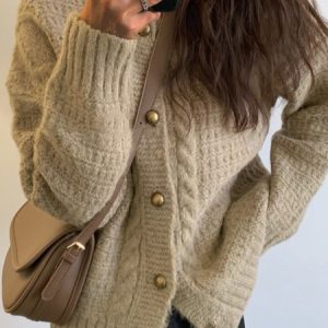 Women Yarn/Wool Yarn Plain Long Sleeve Comfy Casual Buckle Cardigan, Cardigans, color:Camel|size:One-size, Noracora