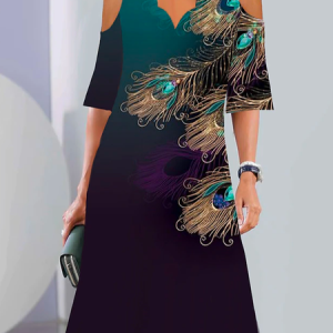 Feather Pattern Loose V Neck Elegant Dress, Dresses, color:Green|size:XXL, JustFashionNow