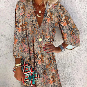 Loose Casual Jersey Floral Dress, Dresses, color:Khaki|size:XXL, JustFashionNow