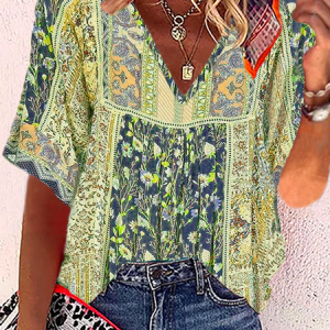Boho Casual Half Sleeve Floral Blouse, Blouses, color:Yellow|size:3XL, Noracora