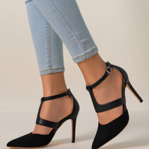 Black T-bar Stiletto Heel Hollow Pumps, Heels, color:Black|size:41, Stylewe