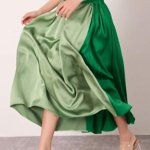 Satin Regular Fit Color Block Elegant Skirt, Skirts, color:Green|size:XS, Stylewe