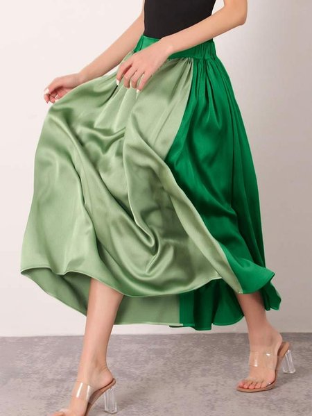 Satin Regular Fit Color Block Elegant Skirt, Skirts, color:Green|size:XS, Stylewe