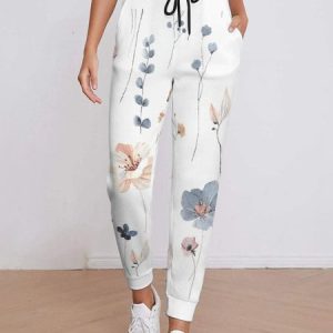 Casual Floral Natural Long Pocket Stitching Straight Pants, Pants, color:White|size:3XL, Noracora