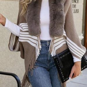 Women Polyester Striped Three Quarter Sleeve Comfy Casual Tassel Cardigan, Cardigans, color:Coffee|size:One-size, Noracora