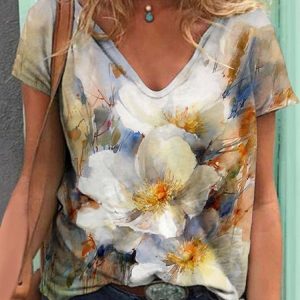Casual Floral V Neck T-Shirt, T-Shirts, color:Color9|size:3XL, JustFashionNow