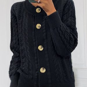 Women Cotton Plain Long Sleeve Comfy Vintage Cardigan, Cardigans, color:Black|size:XXL, Noracora