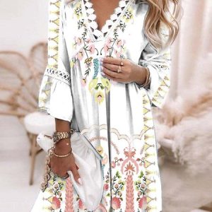 Boho Loose Short Sleeve Woven Polyester Fibre Shorts Dress, Short, color:White|size:XXL, Noracora